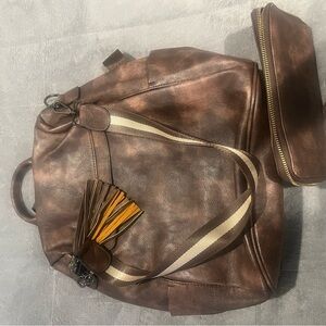 Brown Leather Backpack Bag with matching wallet